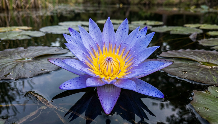 Close-up of blue water lily petals floating on calm water