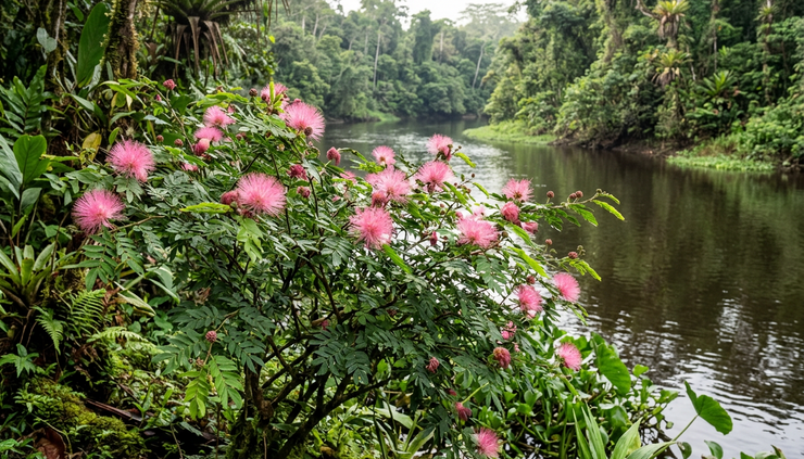 Wide-angle view of a flowering Bobinsana shrub near an Amazonian riverbank.