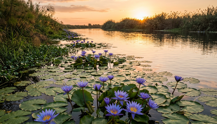 Wide-angle view of a calm river edge with blue water lilies at sunrise