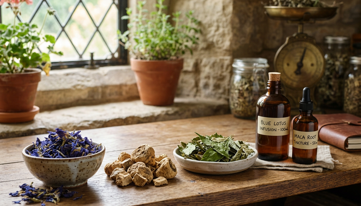 Augenhöhe einer Sammlung besonderer Botanicals mit Blüten, Wurzeln und Tinkturen.
