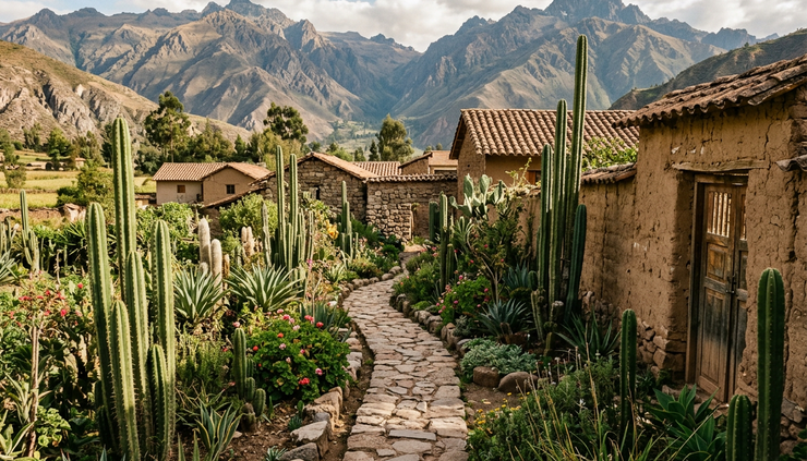 Eye-level view of a stone path through an Andean village garden with columnar cacti.