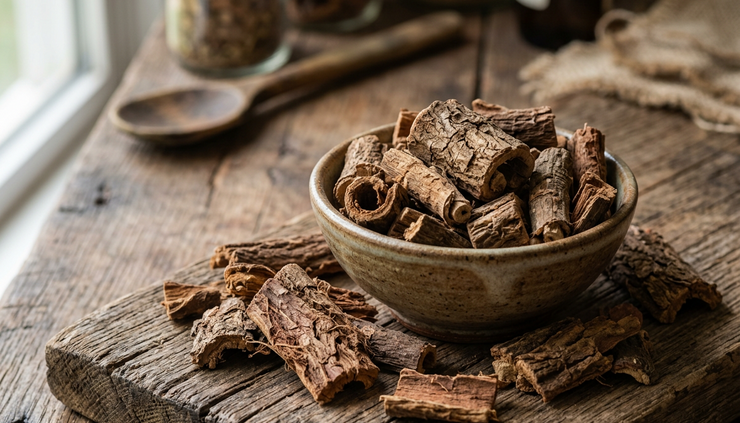 Close-up of dried Muira Puama bark and root pieces on a wooden surface