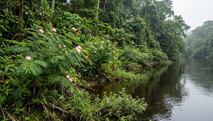 Vista de gran angular de un río amazónico con vegetación densa en la orilla.