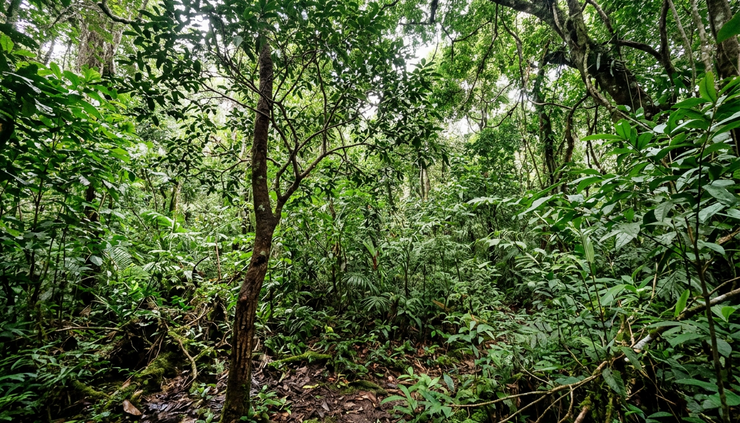 Wide-angle view of a small Amazonian tree growing under dense rainforest canopy