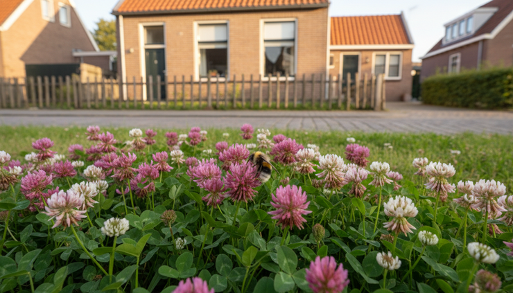 Eye-level view of rode en witte klaver in een stadsgrasveld