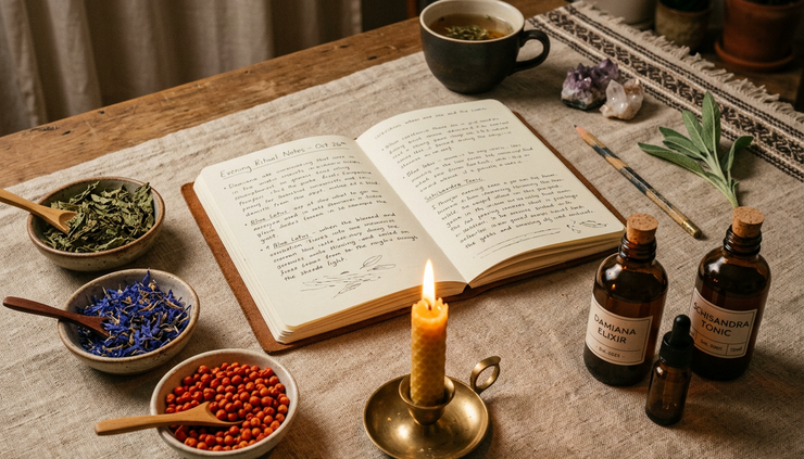 Top-down view of a quiet evening ritual with herbs, candle, journal, and amber tincture bottles