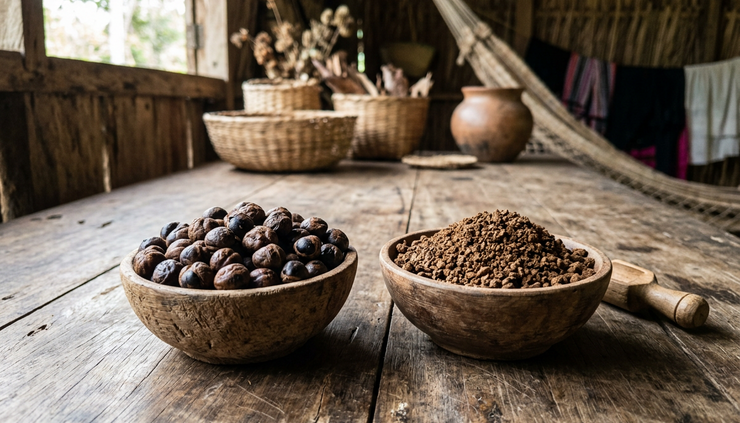 Eye-level view of roasted guarana seeds and coarse powder in wooden bowls