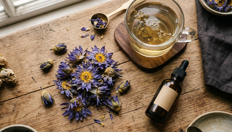 Top-down view of blue lotus tea being prepared beside dried flowers