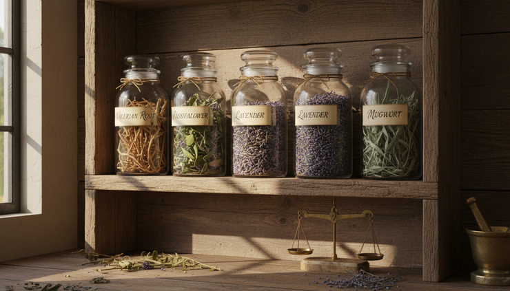 Eye-level view van een glazen pot met valeriaanwortel, passiebloem en gedroogde lavendel