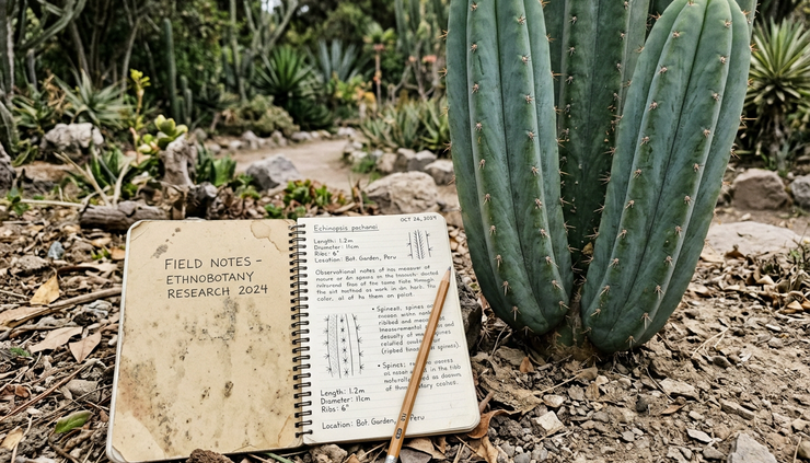 Eye-level view of a field notebook beside a mature Wachuma cactus in a botanical garden.