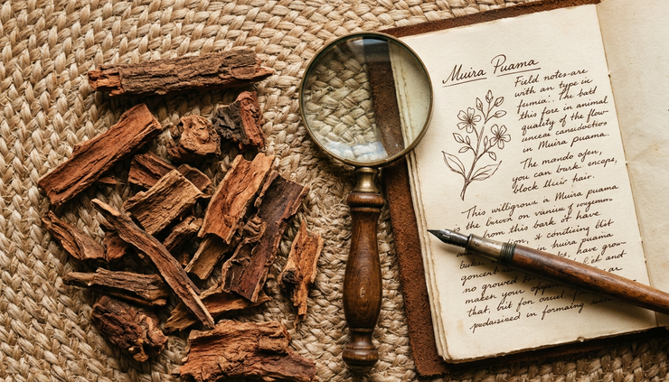 Top-down view of botanical notes with Muira Puama bark, roots, and a magnifying glass