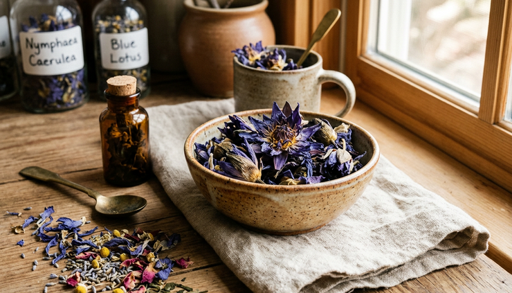 Eye-level view of dried blue lotus flowers in a ceramic bowl with loose herbal tea