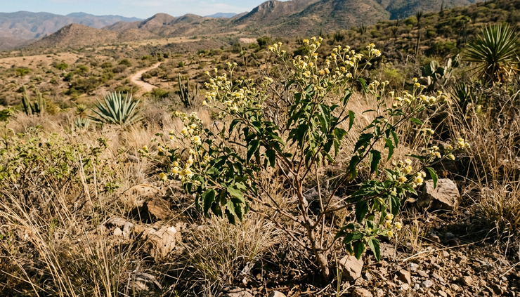 Wide-angle view of a wild green Calea plant growing in a warm Mexican landscape