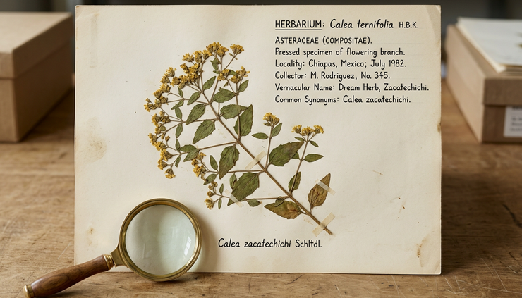 Eye-level view of a herbarium sheet with pressed Calea flowers and handwritten notes