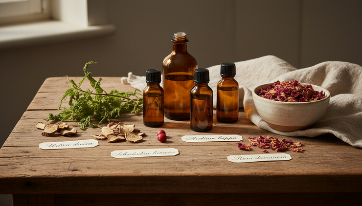 Eye-level view of amber glass tincture bottles, dried herbs, handwritten plant labels and a small ceramic bowl of rose petals on a kitchen table