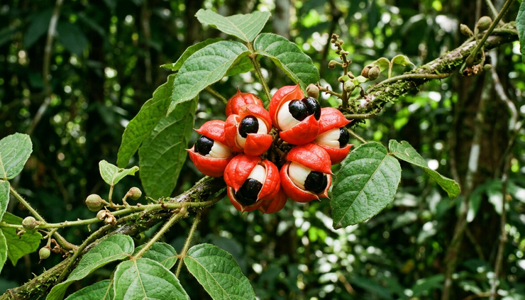 Close-up view of opened guarana capsules with dark seeds on a leafy branch