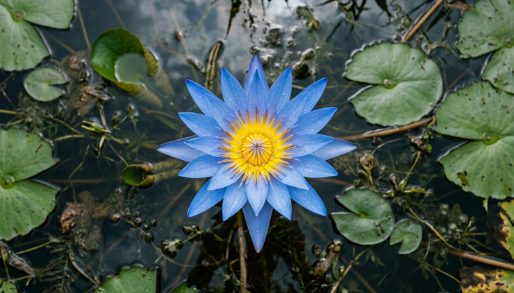 Vista cenital de una flor azul de Nymphaea caerulea flotando sobre agua tranquila.