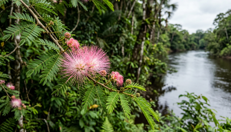 Vista ravvicinata di un ramo di Calliandra angustifolia con foglie strette e fiori rosa