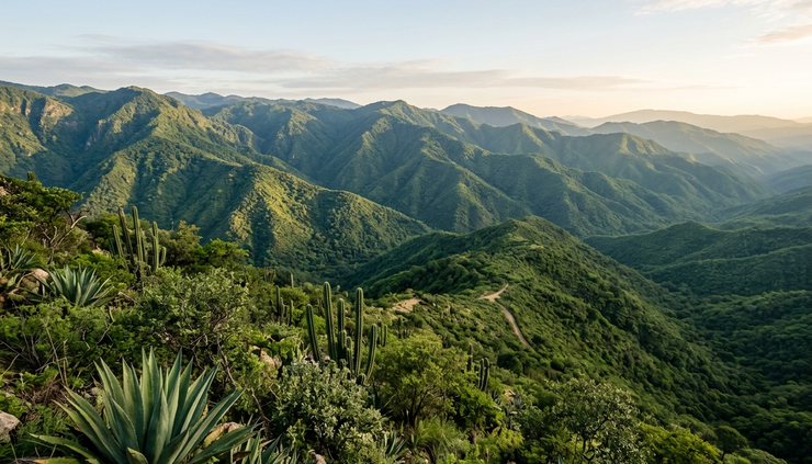 Vista amplia de vegetación en una zona montañosa de Oaxaca