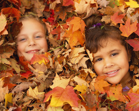 Children play in a pile of fall leaves as part of a travel and tourism advertising campaign. 