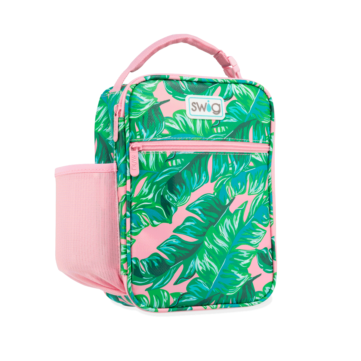 A social media gif featuring multiple angles of a brightly patterned Swig lunchbox product