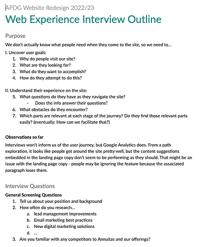 Web Experience Interview Outline, introduction section explaining the purpose of the interviews