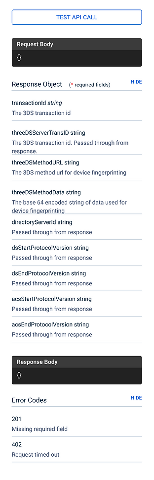 Version 1 mobile single API call details page with response list expanded