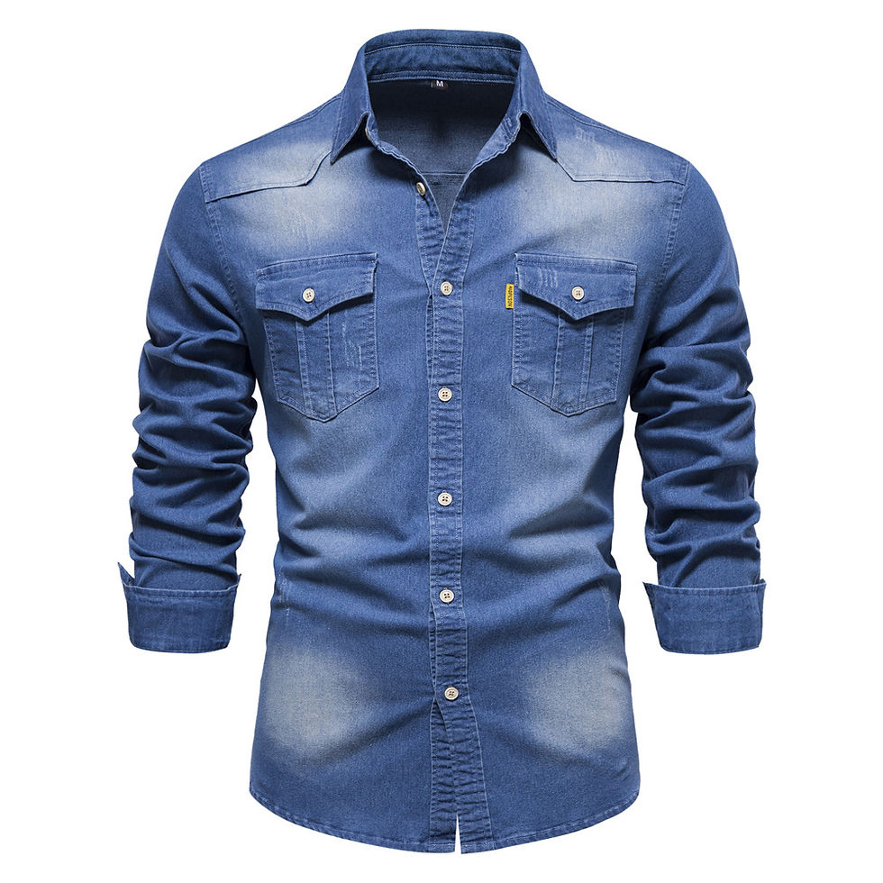 Miniatura: Elastic Cotton Denim Shirt High Quality Men Long Sleeve Solid Color Pocket Shirt