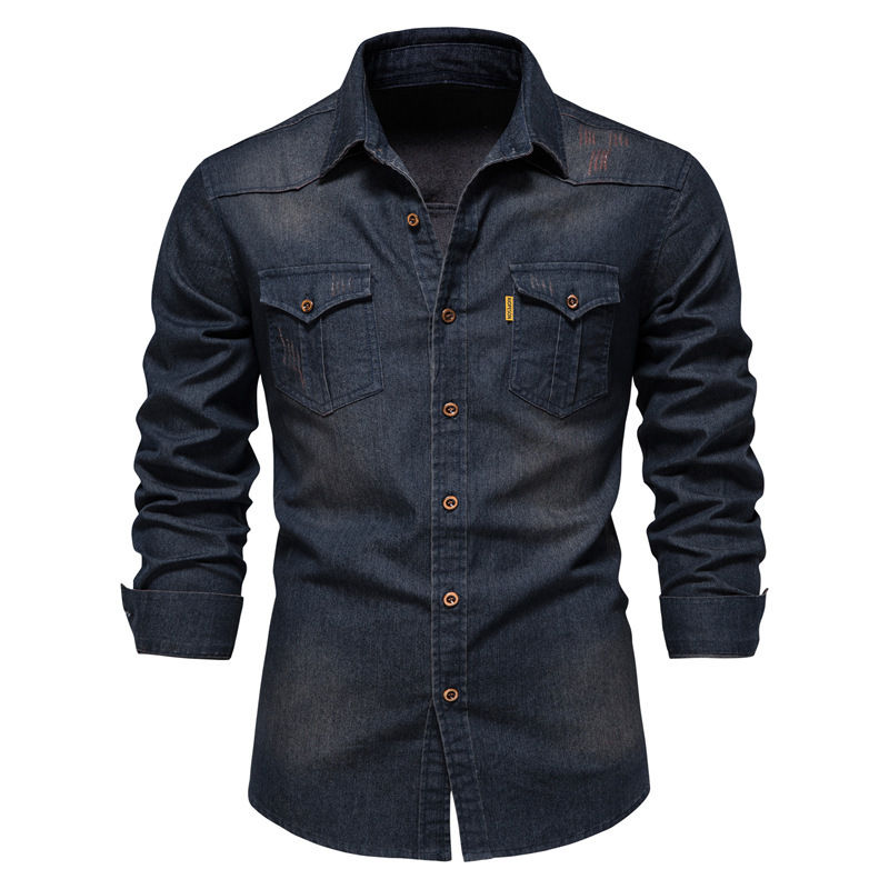 Miniatura: Elastic Cotton Denim Shirt High Quality Men Long Sleeve Solid Color Pocket Shirt