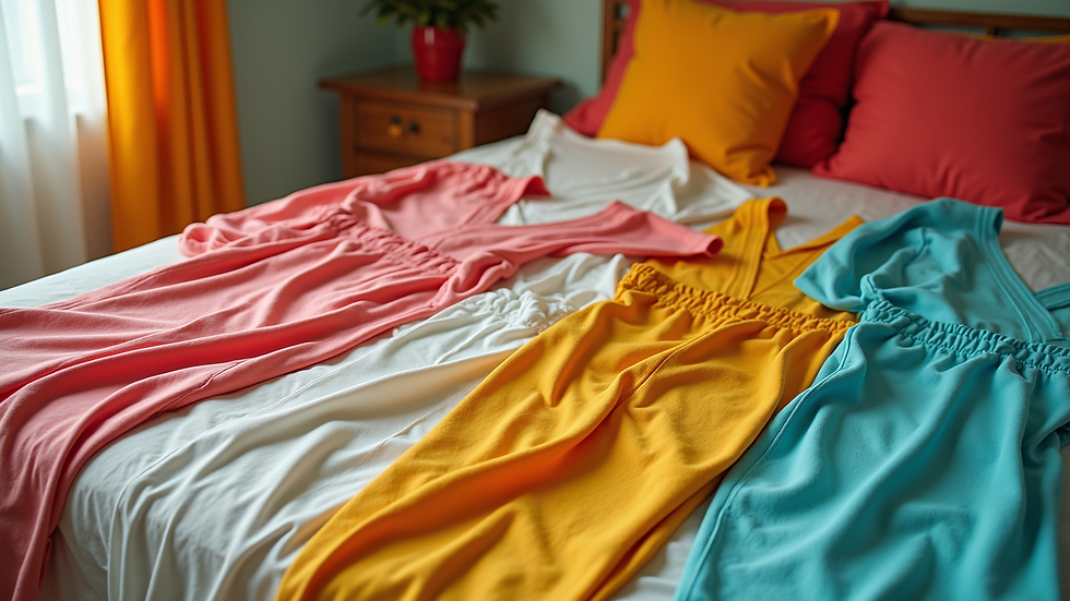 High angle view of a colorful outfit laid out on a bed ready for a fashion post