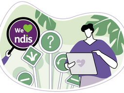 Illustration of a man holding a clipboard, with directional signs and a magnifying glass featuring the We Love NDIS logo.