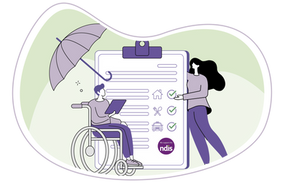 Illustration of a person in a wheelchair and another person beside a giant checklist showing accommodation, meals and transport, and a We support the NDIS logo below.