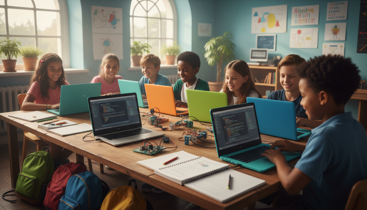 Wide-angle view of children working together on colorful laptops in a bright learning space