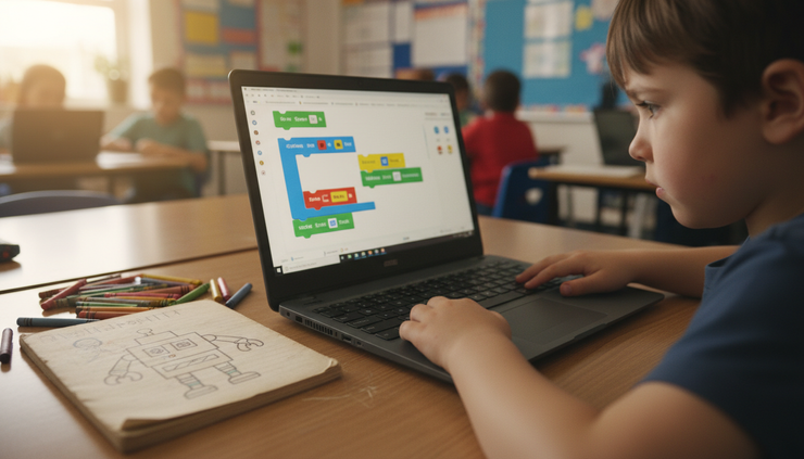 Close-up view of a child arranging colorful coding blocks on a laptop screen