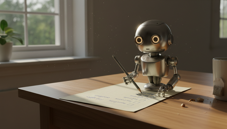 Close-up view of a small robot holding a pencil beside a paper checklist on a kitchen table.