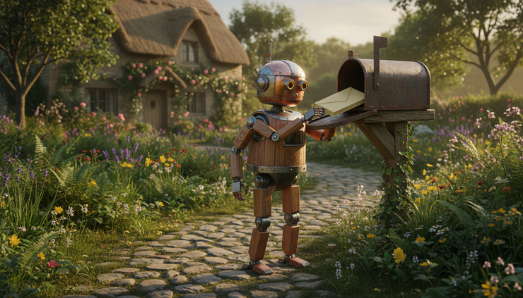Eye-level view of a small robot placing envelopes into a rural mailbox by a garden path.