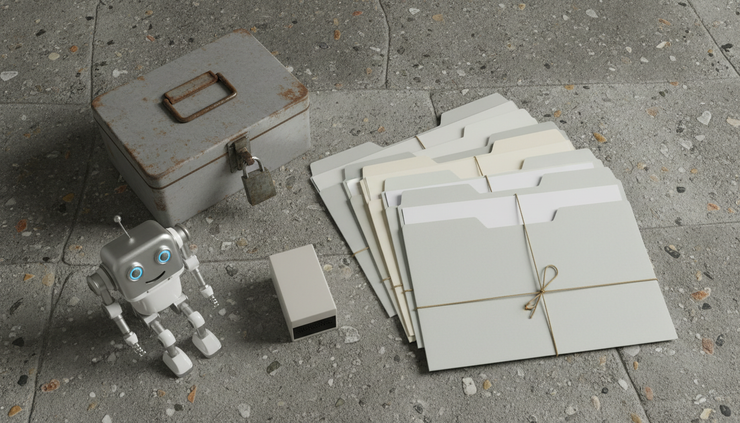 Overhead view of a small robot beside a locked file box and a rubber stamp on a stone surface.