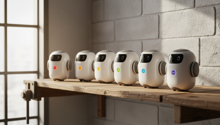 Wide-angle view of six small service robots arranged on a wooden workshop shelf.
