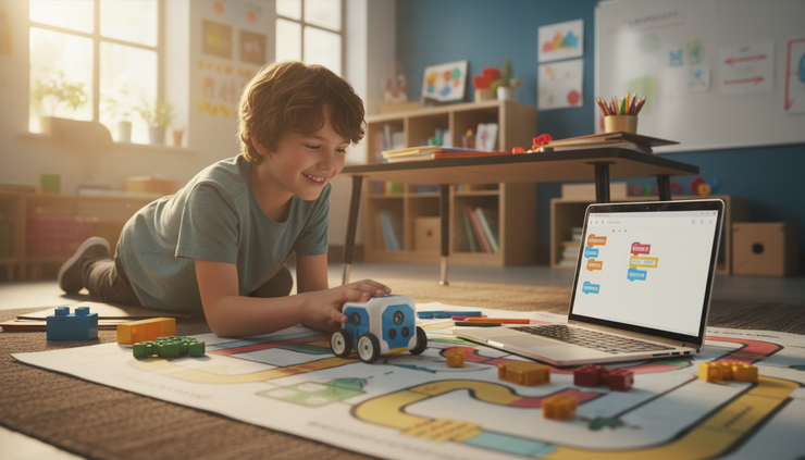 Eye-level view of a child testing a small robot on a patterned mat