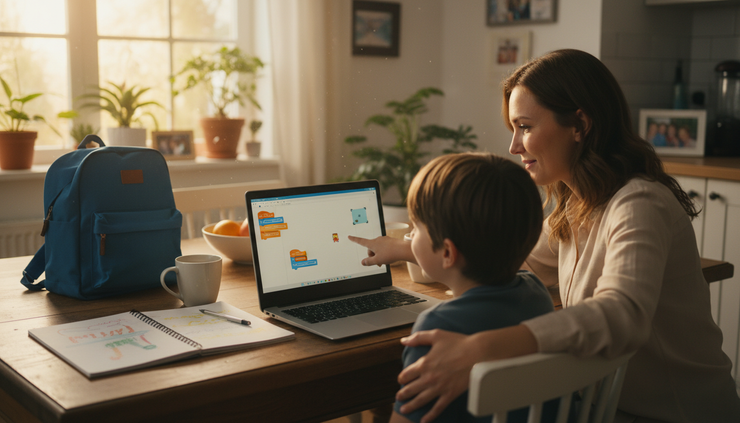 Over-the-shoulder view of a child showing a finished game project to a parent on a laptop