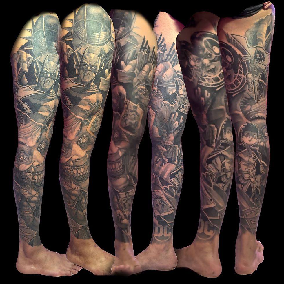 Full leg sleeves with comic book characters and detailed backgrounds.
