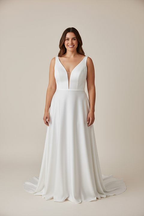 plus size ivory evening dresses Ivory V-Neck Wedding Dress with High Slit and Draped Fabric Plus Size Size 14 main image 0