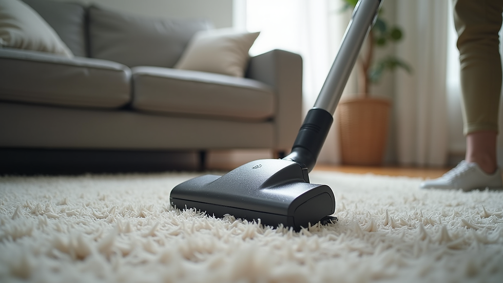 Eye-level view of a living room sofa being cleaned with a vacuum cleaner