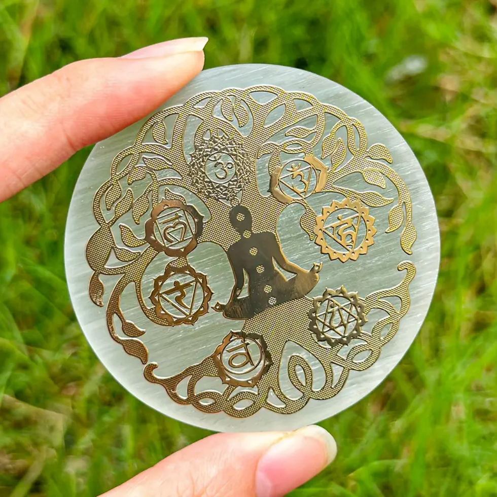Miniatura: Placa de Selenita Natural com Símbolos Sagrados – Limpeza Energética e Energ