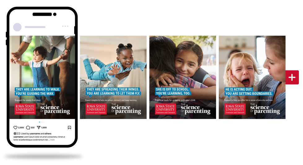 Phone showing a social media design and several variations next to it with a "plus" button.