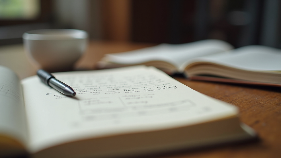 Close-up view of a journal with handwritten notes and a pen on a wooden table