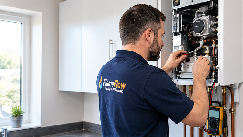 Engineer performing gas boiler repair in a kitchen.