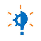Blue gear and lightbulb combination icon, representing ideas and solutions.