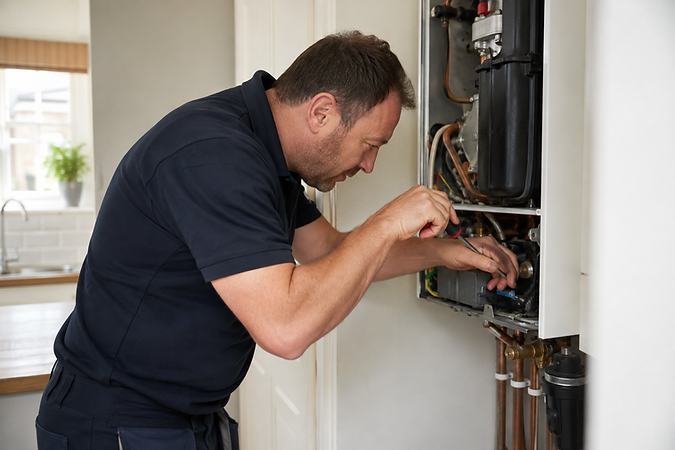 Boiler engineer repairing a unit to get a quote for service.