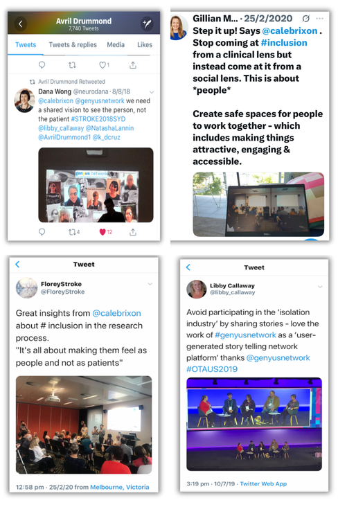 A collage of four Twitter screenshots sharing advocacy messages about inclusion and storytelling in healthcare and research. Top left: A tweet from Dana Wong retweeted by Avril Drummond, calling for a shared vision to see the person, not the patient, with a projected collage of photos shown on a screen. Top right: A tweet from Gillian M. quoting Caleb Rixon, urging people to approach inclusion from a social, not just clinical, lens and to create safe, engaging, accessible spaces. Below the tweet is a photo of a presentation or workshop with people in attendance. Bottom left: A tweet from FloreyStroke quoting Caleb Rixon’s insights on inclusion in research, saying it's about making people feel like people, not just patients. Below is a photo of a group of people attending a seminar, seated and looking toward a presenter and screen. Bottom right: A tweet from Libby Callaway mentioning the Genyus Network as a user-generated storytelling platform to help avoid “the isolation industry.” Below are images of a panel discussion on a brightly lit stage with several speakers seated and audience members visible.